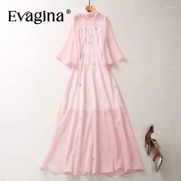 Vestidos casuais Evagina moda feminina estilo chinês stand-up colarinho flare mangas vintage contas de unhas bordadas elegante longo maxi vestido