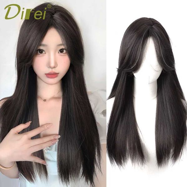 Sentetik peruklar Kore tarzı S-SLIT SLIT SEZİ DÜZ SAÇ SENTETİK Doğal Orta Partili Kıvırcık Kimyasal Fiber Isıya Dayanıklı Peruk Kelebek Saç Kesimi 240328 240327