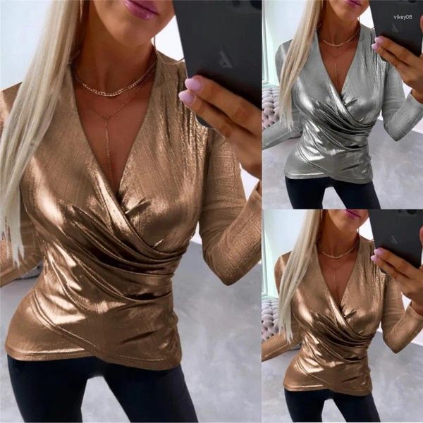 Mulheres Camisetas Moda Metálica Mulheres Manga Cheia V Pescoço Ruched Slim Crop Top Elegante Festa Senhoras T-shirt Casual Roupas de Primavera