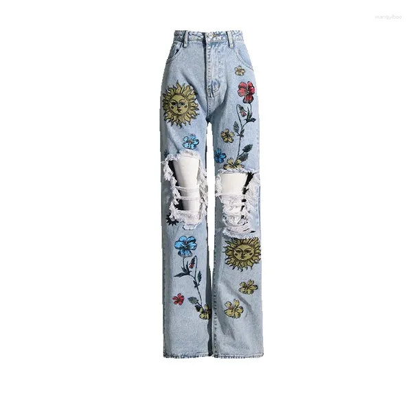 Jeans da donna 2024 Primavera Instagram Pantaloni casual stampati con design traforato a vita alta personalizzati