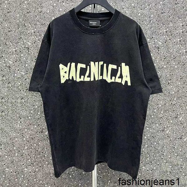 Versão verificada versão correta marca de moda de luxo fita adesiva impressão processo de lavagem e moagem camiseta de manga curta para homens e mulheres verão alta versão