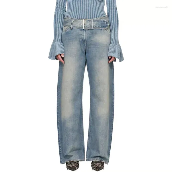 Damen Jeans 2024ss Metall Big Buckle Gürtel Y2k Hochwertige Retro Hellblau gewaschene Taille bestickte lässige Hose mit weitem Bein