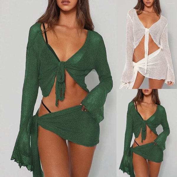 Bikini Copricostume con lacci per costumi da bagno da donna a maniche lunghe avvolto sul petto top casual mezza gonna costume da bagno grembiule abito da spiaggia