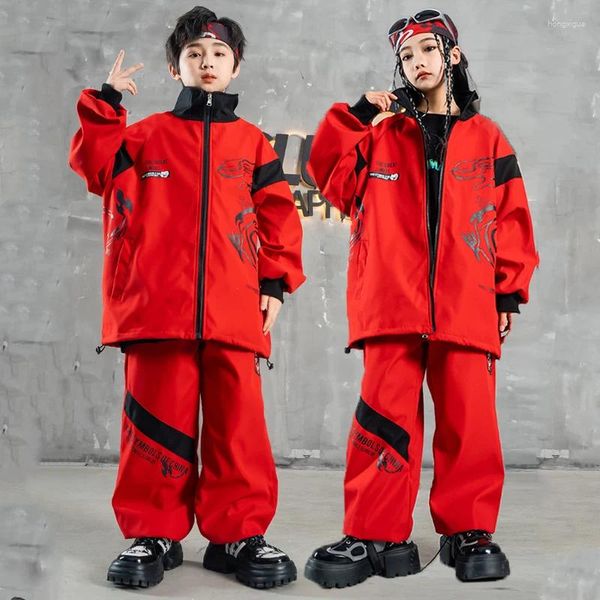 Stage di Usura 2024 Stile Cinese Rosso Allentato Giacca Hiphop Vestito di Pantaloni per I Bambini Jazz Performance di Danza Delle Ragazze Vestiti Hip Hop DQS15271