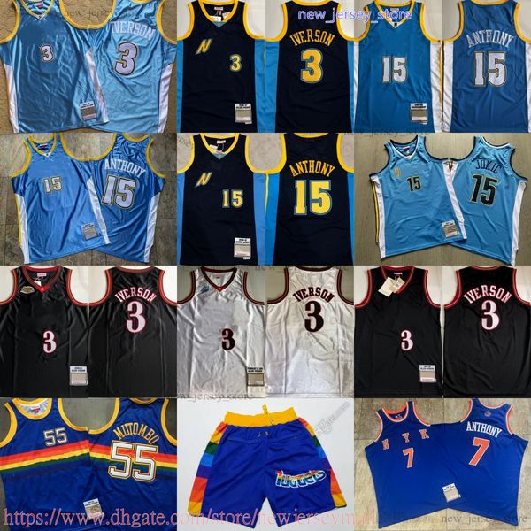 Klassische Retro-Authentische Stickerei 2003–04 Basketball 15 CarmeloAnthony Jersey Vintage 3 AllenIverson 55 DikembeMutombo Trikots Echt genähter, atmungsaktiver Sport