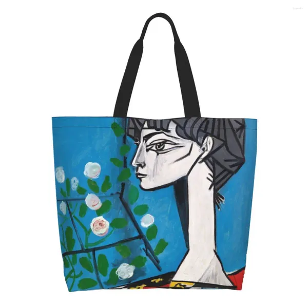 Sacos de compras personalizados Pablo Picasso Canvas Mulheres Reciclagem Grande Capacidade Mercearia Jacqueline com Flores Tote Shopper