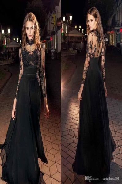 2021 preto vestidos de baile ilusão mangas compridas gola alta renda chiffon festa à noite wear moderno formal vestidos7957037