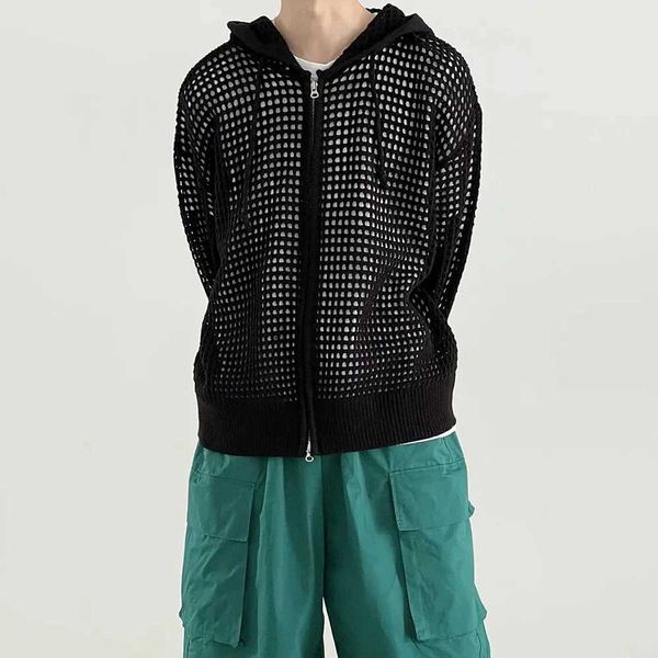 Erkek Hoodies Sweatshirts y2k örgü içi boş tasarım fermuarlı kapüşon dış giyim sonbahar moda büyük boy gevşek seksi uzun kollu kazak ceket 24318