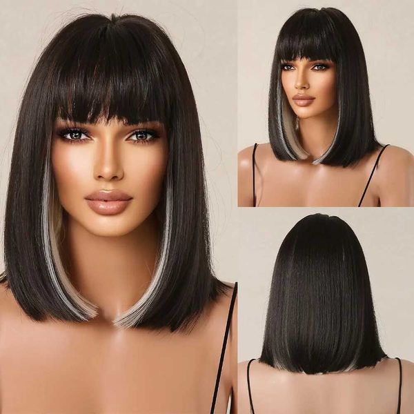 Perucas sintéticas preto branco destaque curto bob perucas com franja feminino natural sintético cabelo reto em linha reta bob peruca fibra resistente ao calor 240328 240327