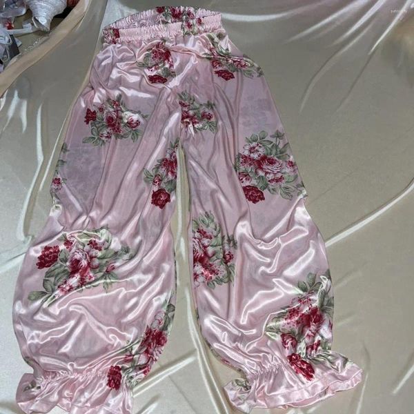 Pantaloni da pigiama in raso lucido con stampa floreale da donna Pantaloni da pigiama larghi in seta da donna