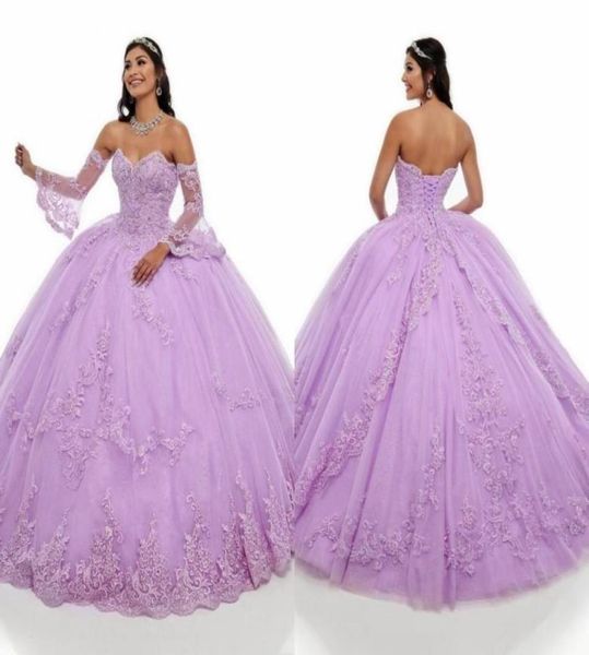 Puffy Lilac Juliet Manga Longa Quinceanera Vestidos 2021 Bordado Renda Frisada Strass Camadas Doce 16 Vestido Vestidos De Prom 2302951