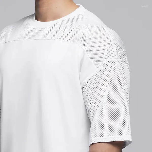 Camiseta masculina esporte fitness malha de secagem rápida camiseta solta manga curta correndo treinamento camisetas respirável suor-wicking ombro largo