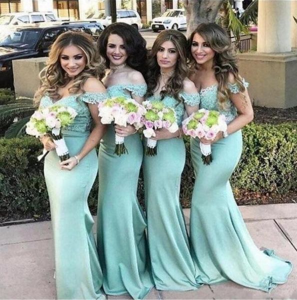 Verão Country Mint Verde Chiffon Bainha Vestidos de Dama de Honra OffShoulder Lace Backless Wedding Guest Vestidos Longos Baratos Maid of Hono3904589