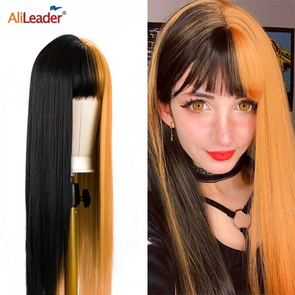 Peruklar uzun düz peruk siyah ve turuncu peruk 26 inç uzun cosplay peruk iki ton peruk siyah kadınlar için patlama uzun peruk sentetik saç