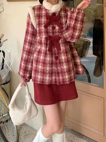 Vestidos de trabalho natal vermelho kawaii duas peças conjunto feminino quente inverno lolita saias terno ano doce xadrez lã casaco festa mini 2024