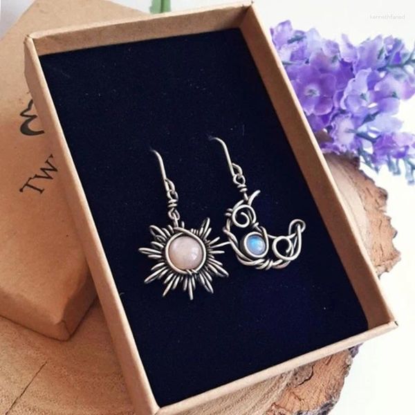 Ohrhänger im Retro-Stil, Sonne, Mond, Mondlicht, Stein, asymmetrisch, für Damen, Modeschmuck, Böhmen