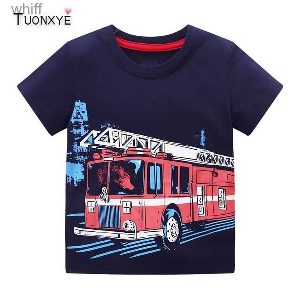 Camisetas Tuonxye verão meninos manga curta camisetas tops roupas padrão caminhão de bombeiros roupas infantis roupa de algodão infantil 2-8 anos c24319