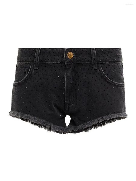 Damen-Shorts, Markendesign, entworfen mit Diamanten und verzierten alten Fellkanten, schwarzer Low-Rise-Ultra-Short-Denim