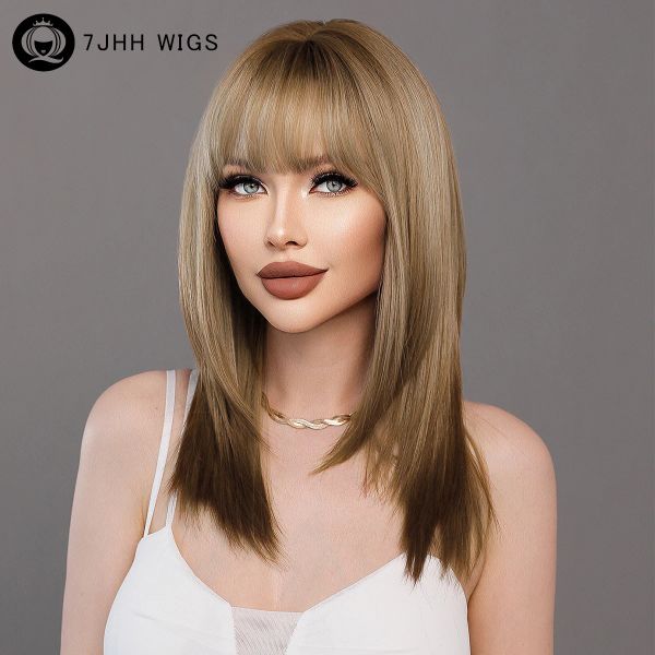 Парики 7JHH WIGS Синтетические коричневые парики Ombre Blonde с челкой Натуральные мягкие прямые многослойные волосы Парик для женщин Ежедневная вечеринка Высокая плотность