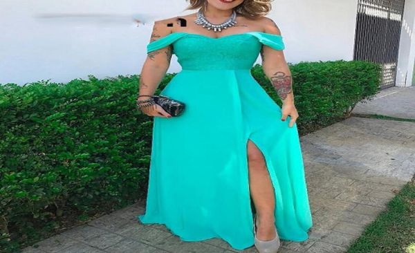 Turquesa longo vestidos de baile querida aline lado split plus size renda chiffon vestido de noite robe de soiree barato8892868