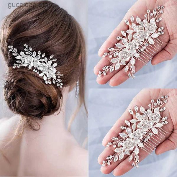 Tiaras flor pente de cabelo casamento acessórios de cabelo prata cor strass bandana nupcial tiara bandana pinos de cabelo casamento jóias de cabelo y240319