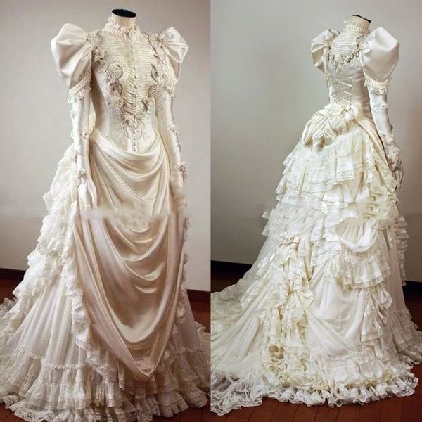 Vintage viktorianische A-Linien-Brautkleider mit geschwollenen kurzen Ärmeln, Stehkragen, elegante historische mittelalterliche Brautkleider, abgestufte Spitze, gerüscht, Damen-Maskeradekleid