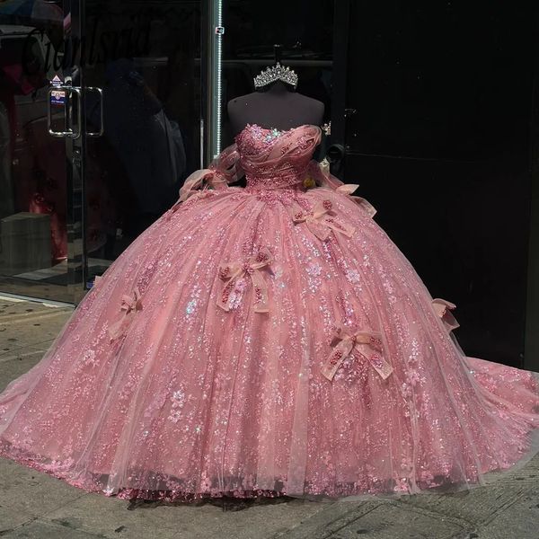 Abito rosa Quinceanera Abito da ballo Abito dolce 15 Abito con fiocco in paillettes Abito da principessa per feste di laurea Taglie forti personalizzato