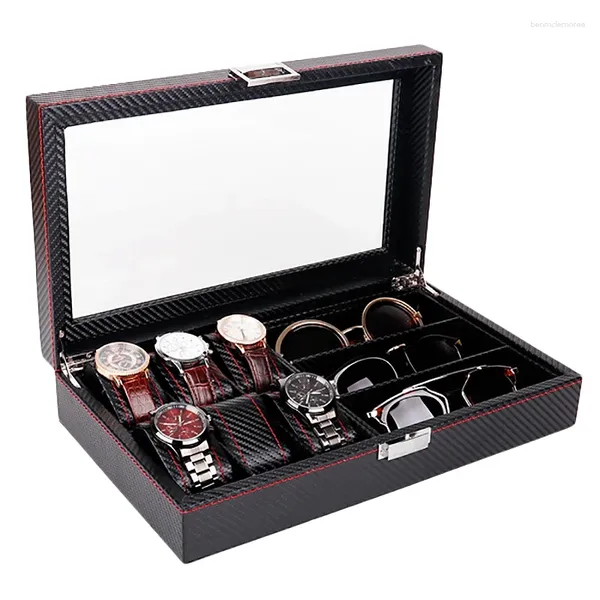 Caixas de relógio caixa de armazenamento de exibição de jóias couro sunglass organizador caso titular para 6 relógios e 3 óculos