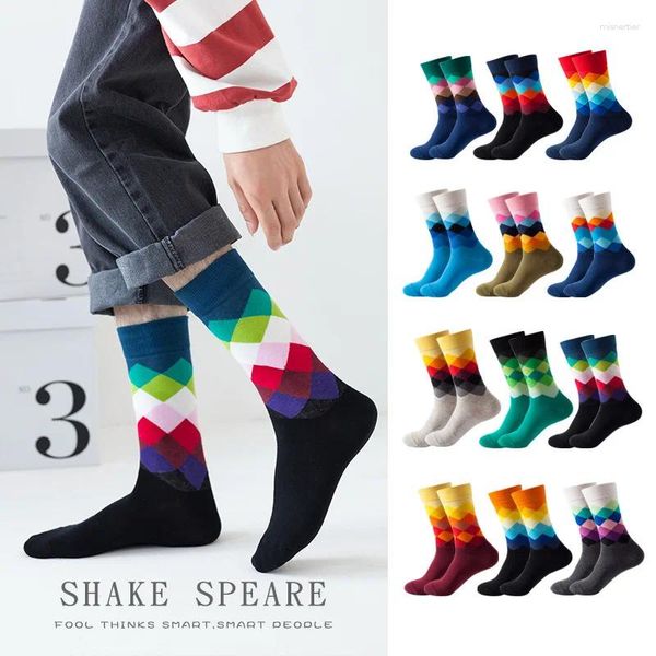 Erkek Çoraplar Erkekler Standart Rahat Mutlu Yüksek Kaliteli Elmas Desen Pamuk 12 Renk Çift Takım