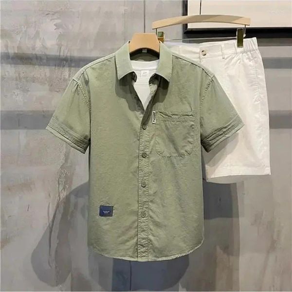 Мужские повседневные рубашки, одежда, мужские топы с коротким рукавом и блузки для мужчин, зеленые приталенные пуговицы, винтажное высокое качество, корейский стиль S