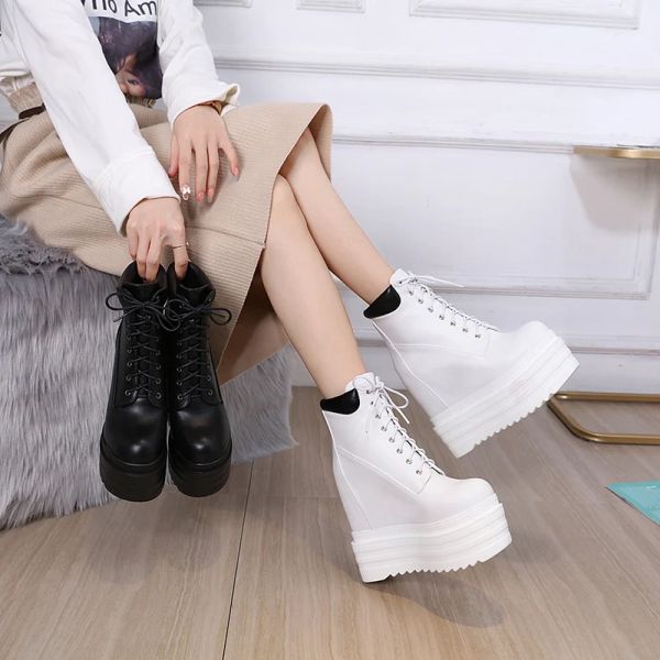 Botas cunhas botas tornozelas brancas de borracha preta sola de sapatos plataforma Botas femininas lacing plataforma de outono sapatos salto 16 cm