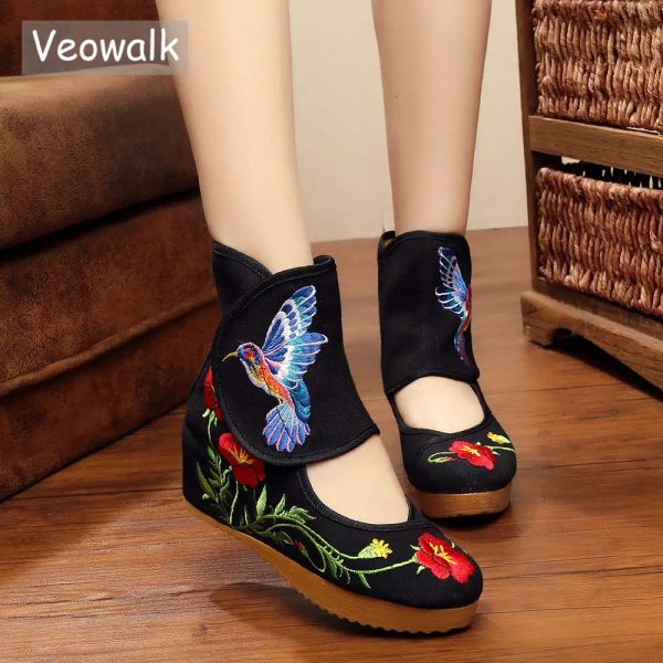 Botas veowalk tornozelo embrulhando mulheres botas casuais beija -flor chinesa nobre Mary Janes dentro do aumento da bordada bombas de pano sapatos