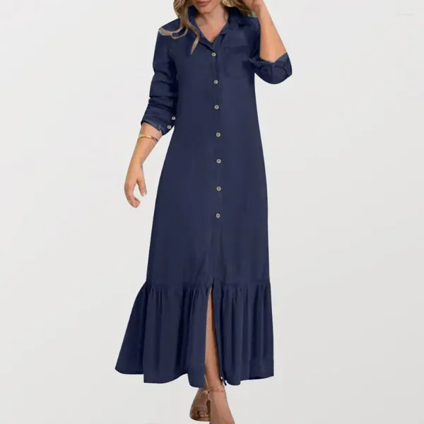 Vestidos casuais mulheres maxi vestido turn-down colarinho manga longa single-breasted cardigan solto flowy hem commute primavera verão denim