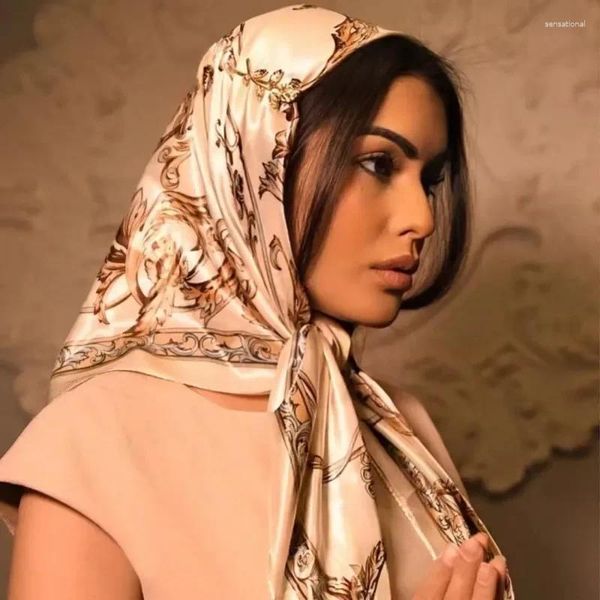 Schals 90 90 cm Frauen Luxus Hijab gedruckt Beige Seiden elegant