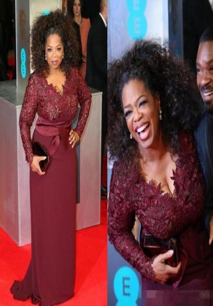 Tappeto rosso Plus Size Borgogna Abiti per la madre della sposa Oprah Winfrey Scollo a V Manica lunga Sweep Train Abiti da sera Donne grasse p7327405