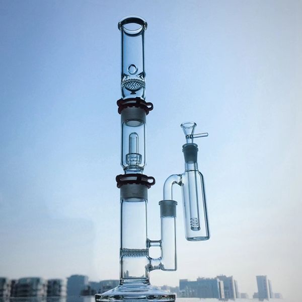 Uzun Düz Tüp Hookahs 3 Odalar Cam Bong Ash Catcher Beecomb Disk Perc ile Bir Bong Yapın DAB DIBS WP522