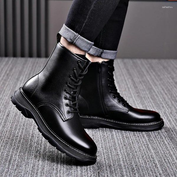 Botlar Men Moda Orijinal Deri Sonbahar Kış Ayakkabıları Marka Tasarımcı Platformu Tıknaz Boot Serin Yüksek Motosiklet Botas Maskulinas