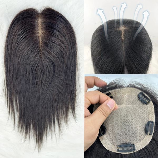 Toppers 12x14cm mão amarrada base de seda cabelo humano topper virgem europeu cabelo seda top lace toupee clipes em peça de cabelo respirável para mulheres