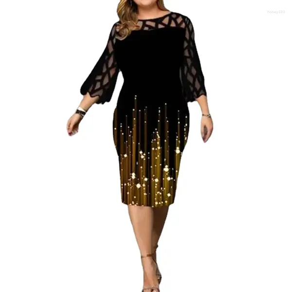 Vestidos casuais plus size roupas femininas o-pescoço renda retalhos nove pontos manga outono streetwear padrão 3d impressão saco hip midi vestido