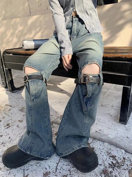 Jeans femininos slergiri mulheres moda high street y2k streetwear vintage 90s cinto de cintura alta fivela fenda solta perna reta 2024