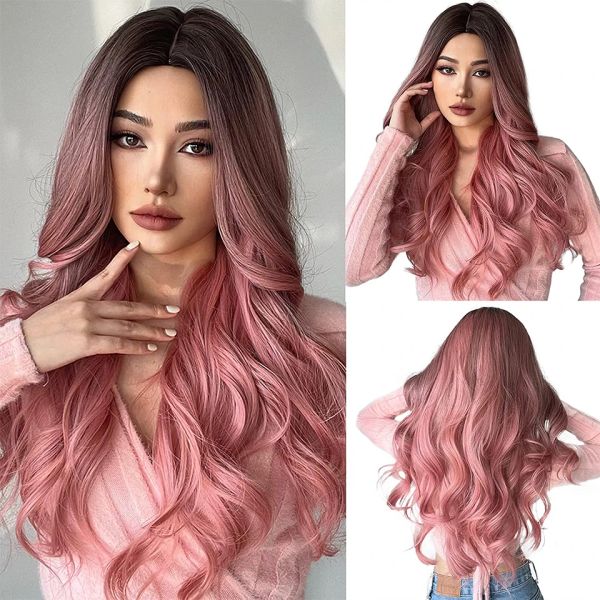 Perucas longas onduladas ombre rosa perucas sintéticas para mulheres parte média ombre marrom rosa peruca de cabelo resistente ao calor para uso de festa cosplay