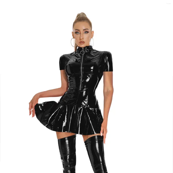 Lässige Kleider Frauen Wet Look Lackleder Kleid Pole Dance Performance Kostüm Kurzarm Reißverschluss Mini für Rave Party Club Bar