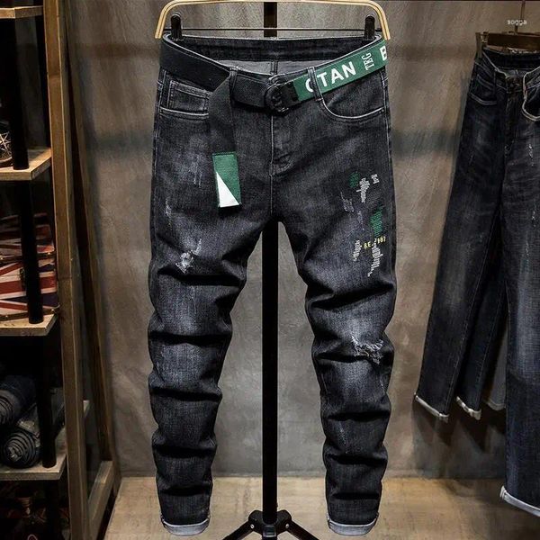 Jeans masculinos streetwear hip-hop luxo estilo coreano fino ajuste bordado casual denim primavera e outono moda calças compridas masculino