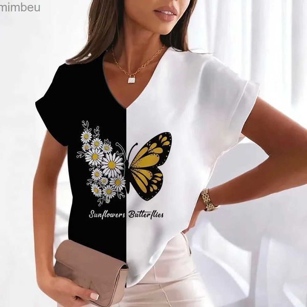 Kadın T-shirt 2024 Yaz Kadın Tişört Kelebek Baskılı Kısa kollu Kadınlar İçin Kısa Dolevar Üstler Büyük boy T-Shirt Ladies Tshirts V-Neckc24319