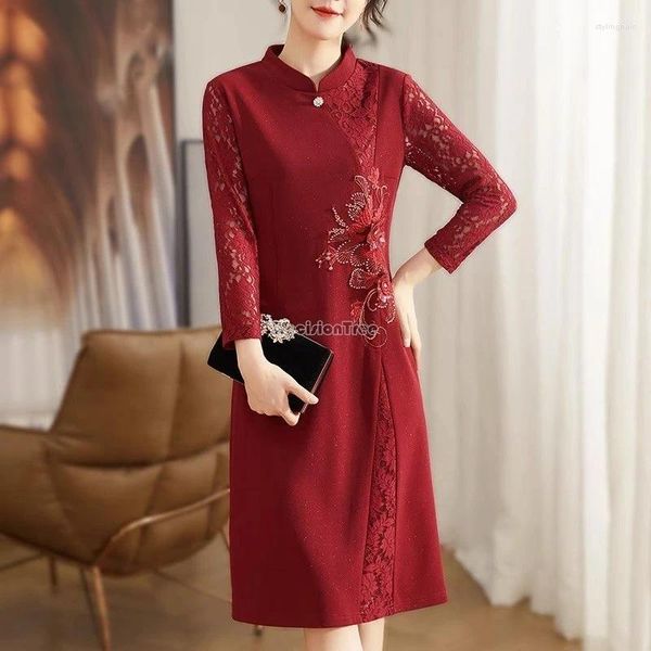 Roupas étnicas 2024 Primavera Outono Chinês Manga Longa Stand Collar Bordado Cheongsam Vestido Elegante Casamento Mulheres Slim Qipao W205