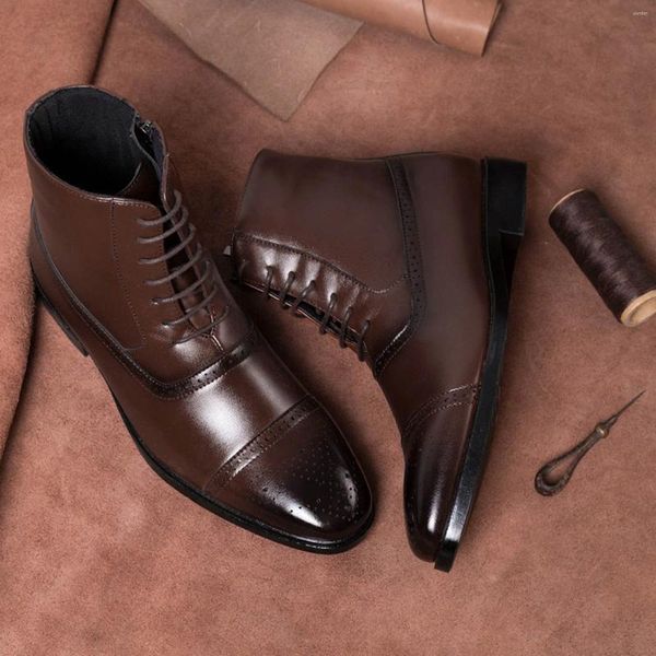 Ботинки боковой молнии кожа мужской мужской классический бизнес винтаж ковбойский платформа обувь мода повседневное кружево ancle