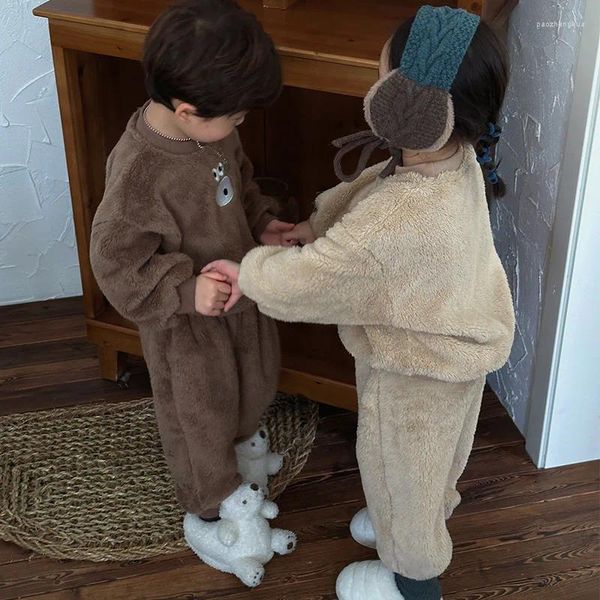 Conjuntos de roupas inverno crianças urso terno de pelúcia manter quente crianças top calças conjunto macio menino menina casa roupas