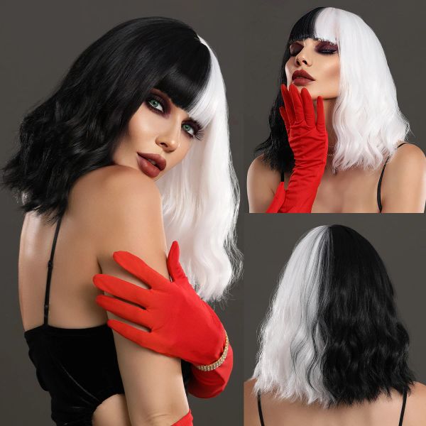 Wigs Namm Halloween cosplay parrucca Capelli sintetici parrucca nera con parrucca naturale naturale naturale con botto cruella diavolo parrucche per donne usa