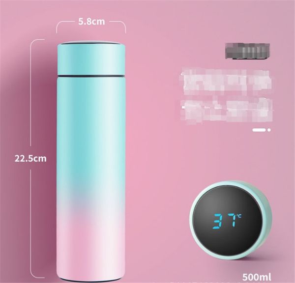 1pc 500ml Isolamento inteligente Aço inoxidável Copo colorido Mini garrafa de água Display de temperatura digital LED de garrafa de água