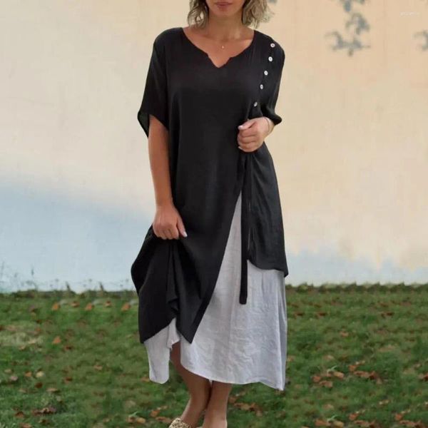 Lässige Kleider, kurzärmeliges Kleid mit V-Ausschnitt, stilvolles Damen-Midikleid mit V-Ausschnitt, Knopfdekor, zweiteiliges Kontrastfarben-Design für den Sommer